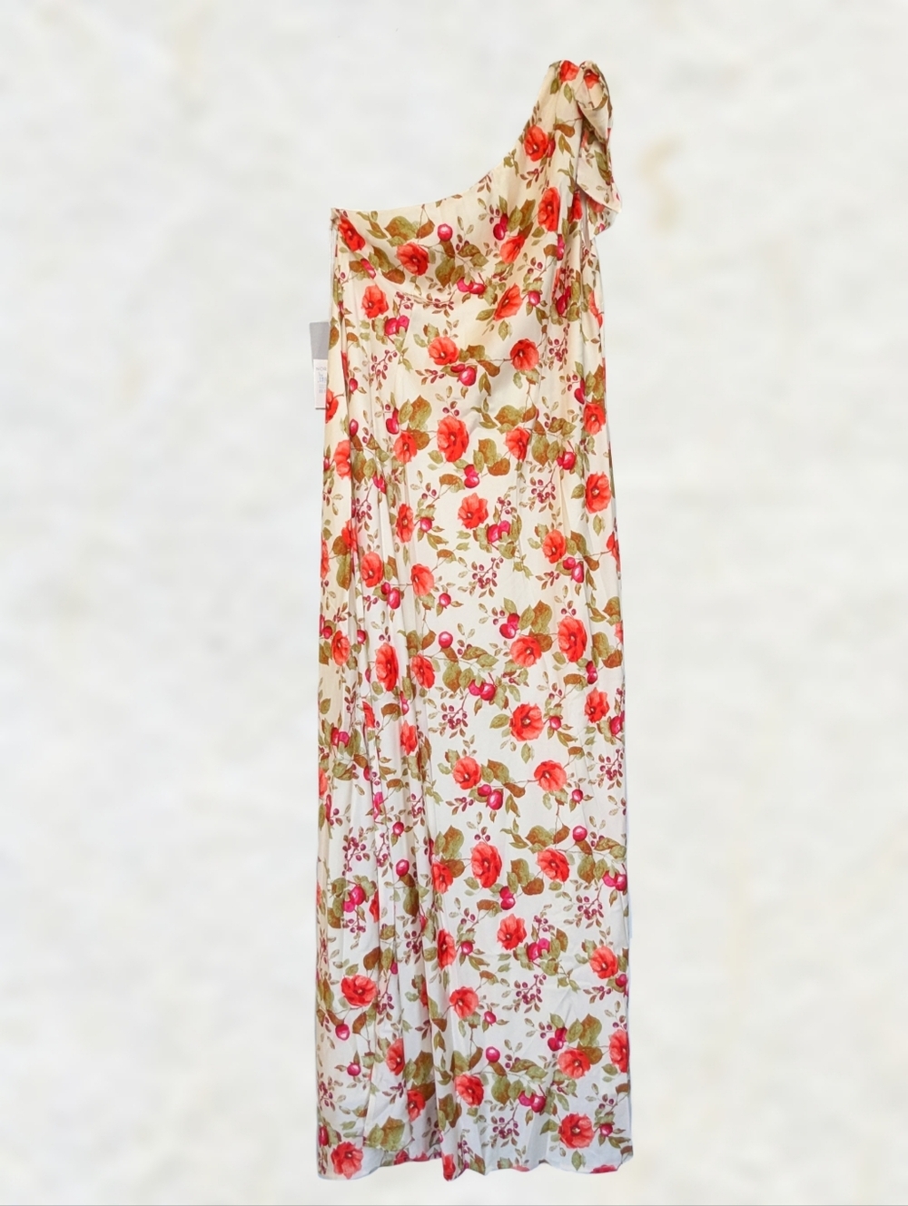 Chelsea28 One Shoulder Slip On Floral Maxi Dress Cream Red Berries Side Slit Lrg - Picture 4 of 12